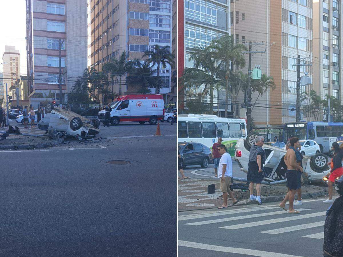 Veículo capotou após bater em poste de semáforo de pedestres