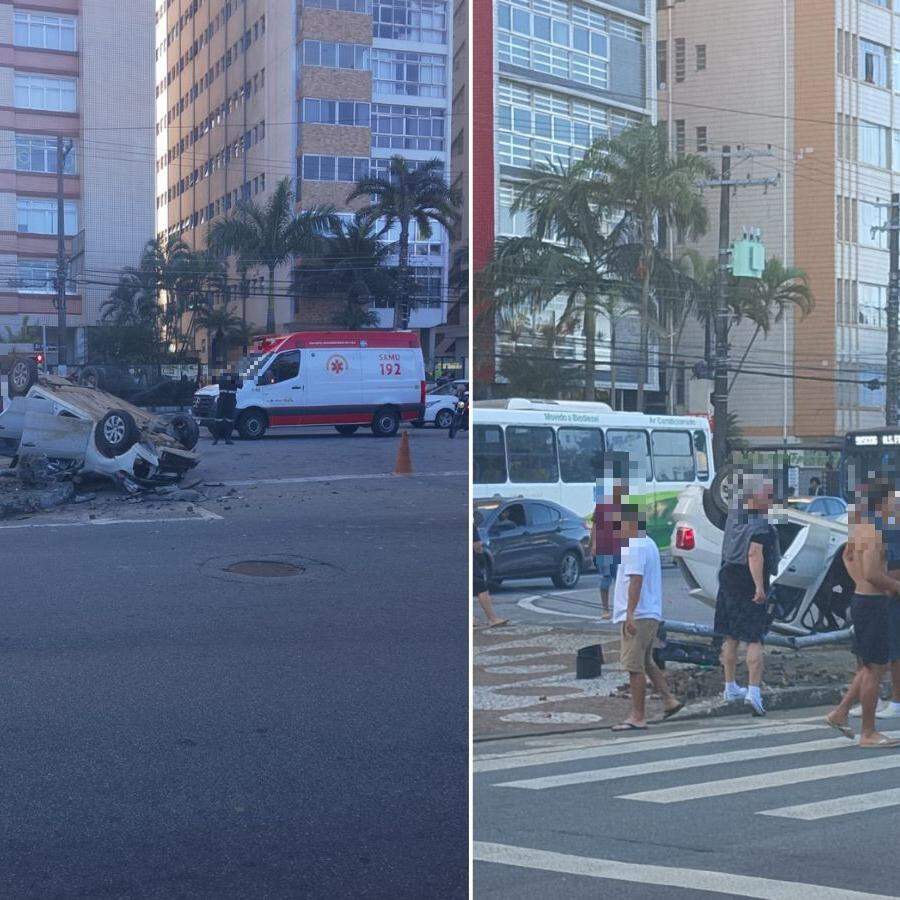 Veículo capotou após bater em poste na avenida da praia de Santos