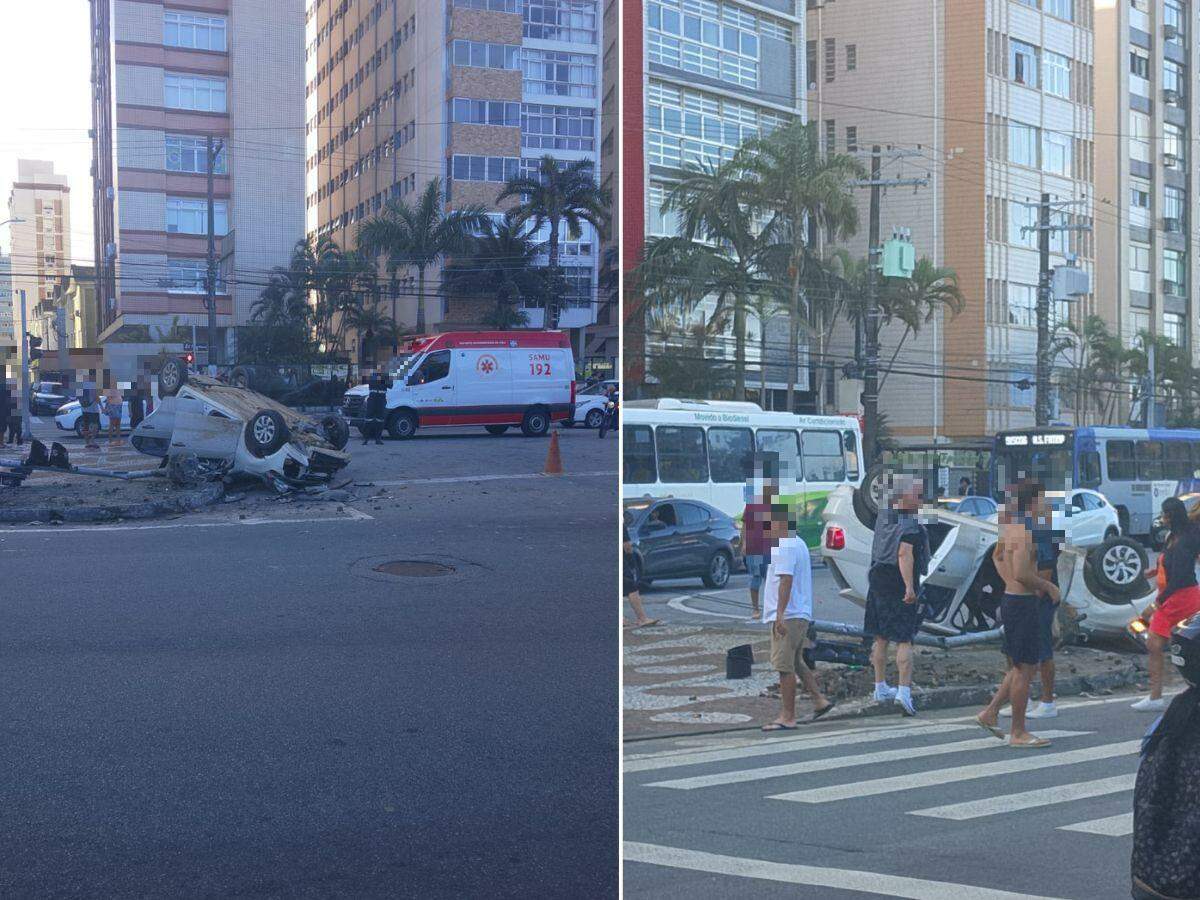 Veículo capotou após bater em poste na avenida da praia de Santos