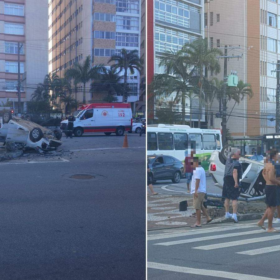 Veículo capotou após bater em poste na avenida da praia de Santos
