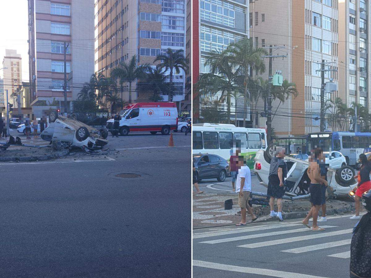 Veículo capotou após bater em poste na avenida da praia de Santos