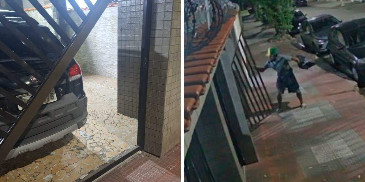 O ladrão removeu o portão do prédio do Marapé, em Santos