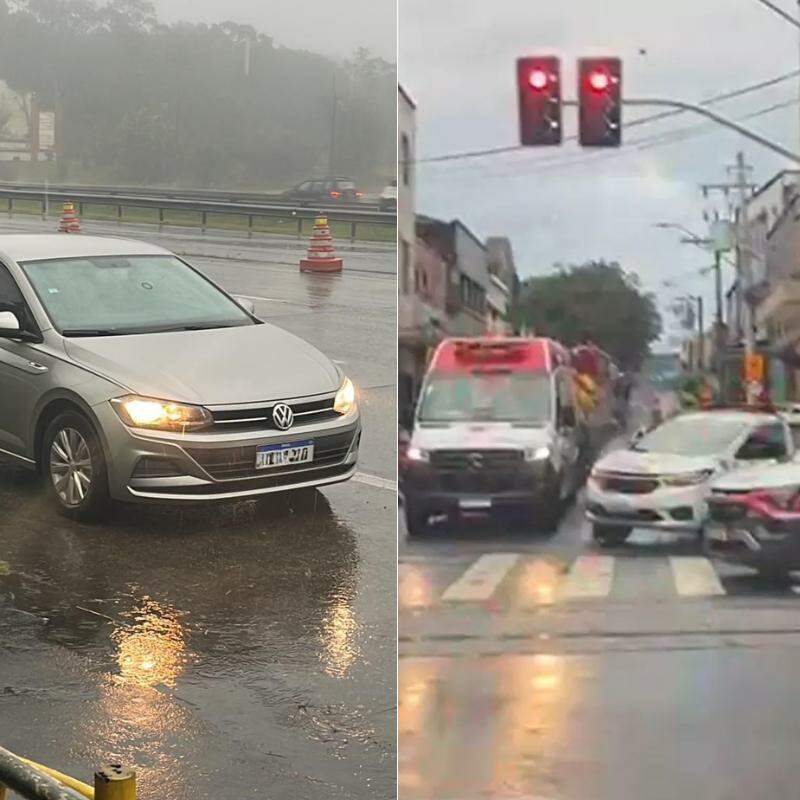 Carro usado pelo suspeito na fuga (à esquerda) foi identificado por radar na Rodovia dos Imigrantes; homicídio (à direita) ocorreu em Santos na manhã desta terça (23)