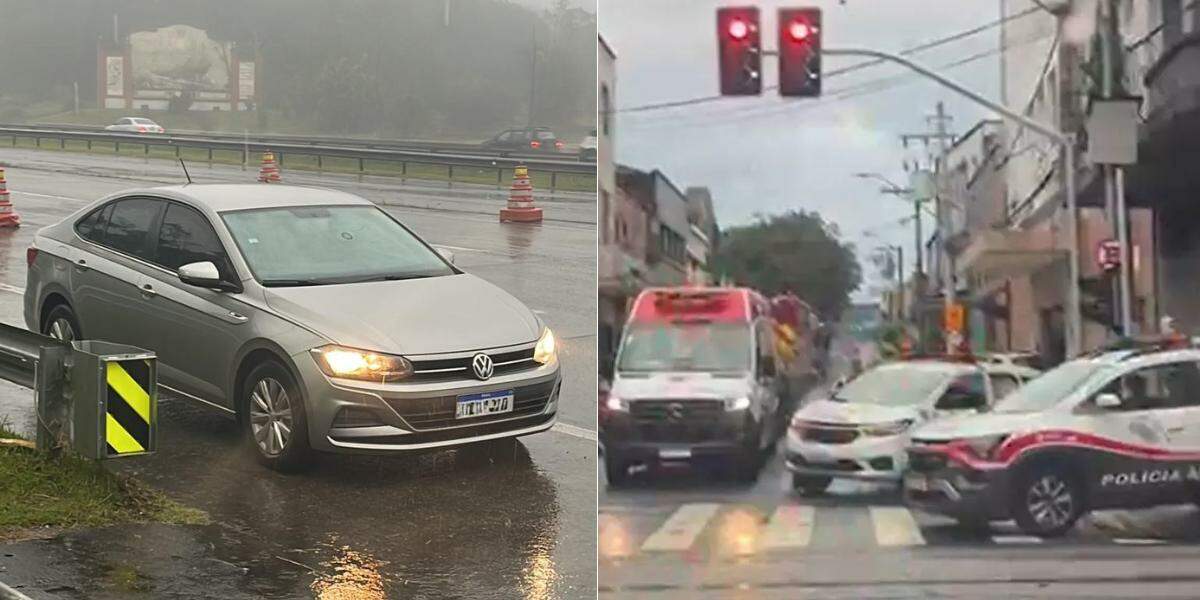 Carro usado pelo suspeito na fuga (à esquerda) foi identificado por radar na Rodovia dos Imigrantes; homicídio (à direita) ocorreu em Santos na manhã desta terça (23)