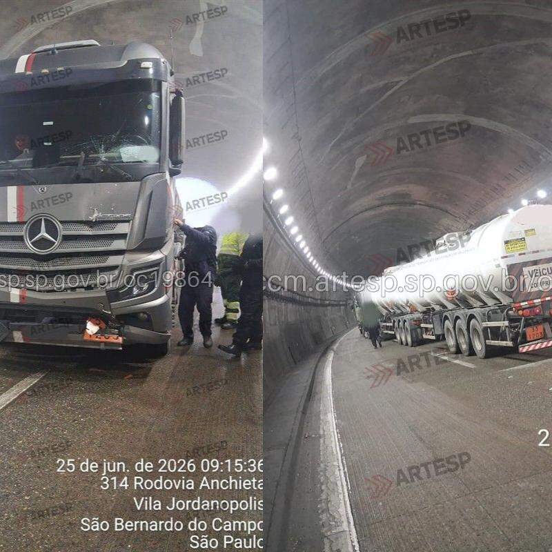 Carreta permaneceu no acostamento próximo à saída de um túnel