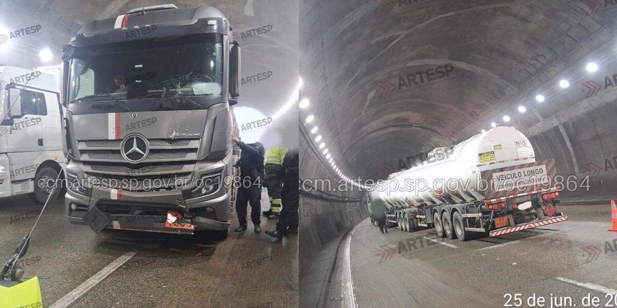 Carreta permaneceu no acostamento próximo à saída de um túnel
