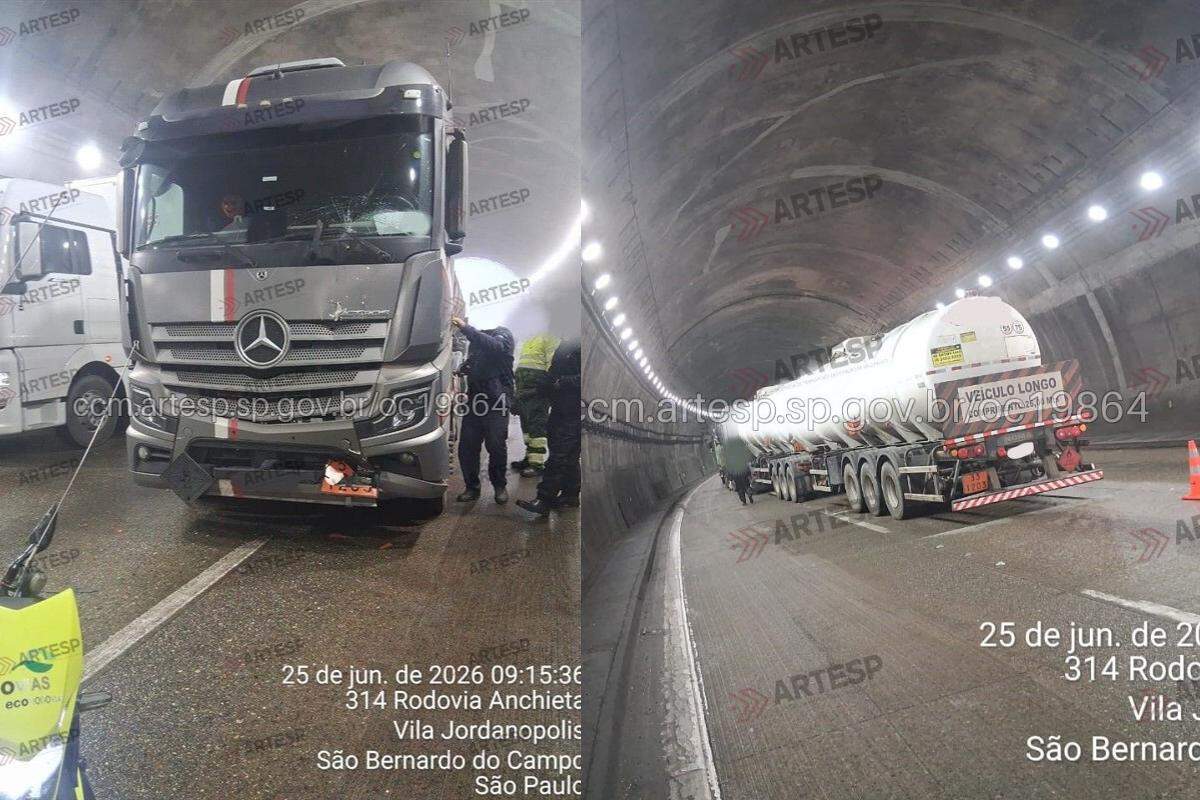 Carreta permaneceu no acostamento próximo à saída de um túnel