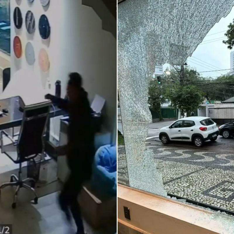 Câmera de segurança registrou homem invadido loja no Macuco, em Santos; vidro do estabelecimento ficou estilhaçado