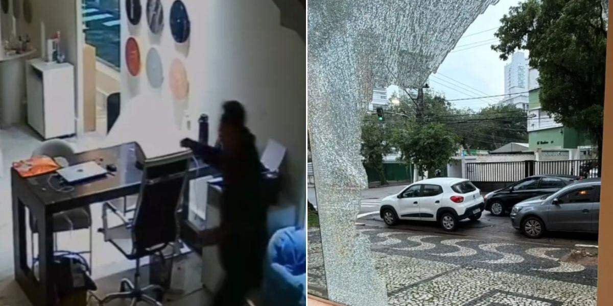 Câmera de segurança registrou homem invadido loja no Macuco, em Santos; vidro do estabelecimento ficou estilhaçado