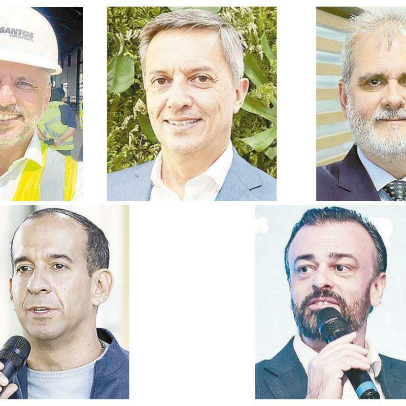 No alto: Rogério Saran (APS); Cláudio Oliveira (CEO da BTP) e Eduardo Abrunhosa (Mackenzie), e, abaixo: Paulo Alexandre Barbosa (PSD) e Bruno Orlandi (secretário de Portos)