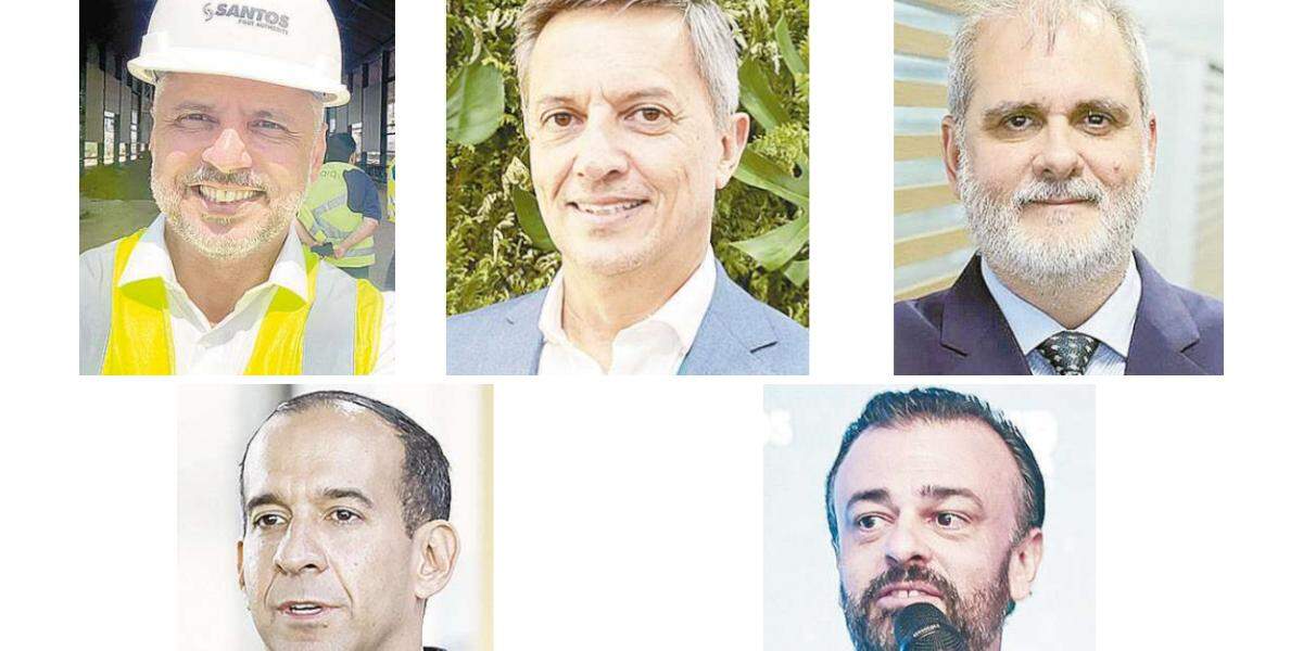 No alto: Rogério Saran (APS); Cláudio Oliveira (CEO da BTP) e Eduardo Abrunhosa (Mackenzie), e, abaixo: Paulo Alexandre Barbosa (PSD) e Bruno Orlandi (secretário de Portos)