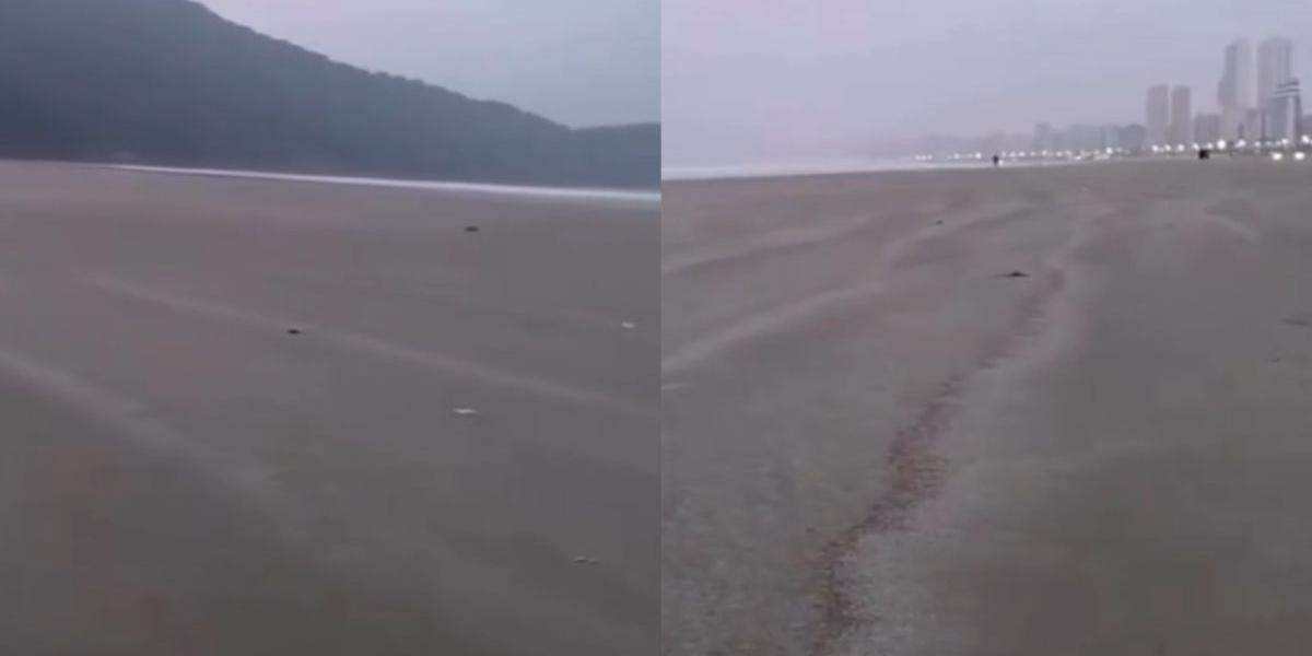 Mar recuado chamou a atenção de moradores e turistas em Praia Grande