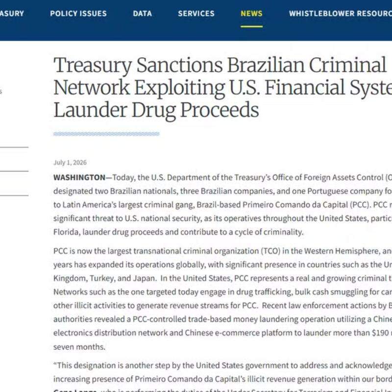 Duas pessoas e três empresas brasileiras foram sancionadas pelos EUA por suposta ligação com o PCC