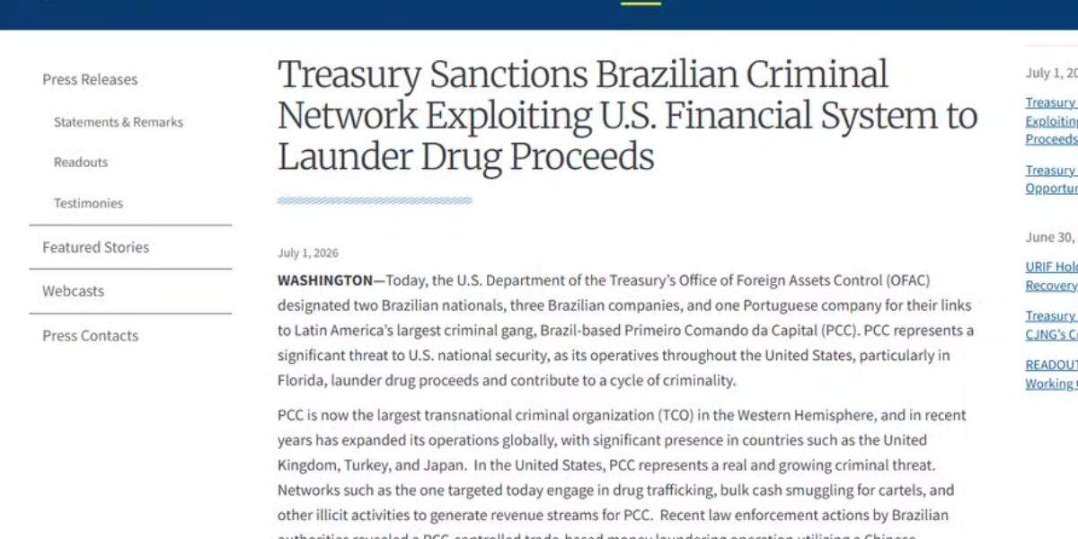 Duas pessoas e três empresas brasileiras foram sancionadas pelos EUA por suposta ligação com o PCC