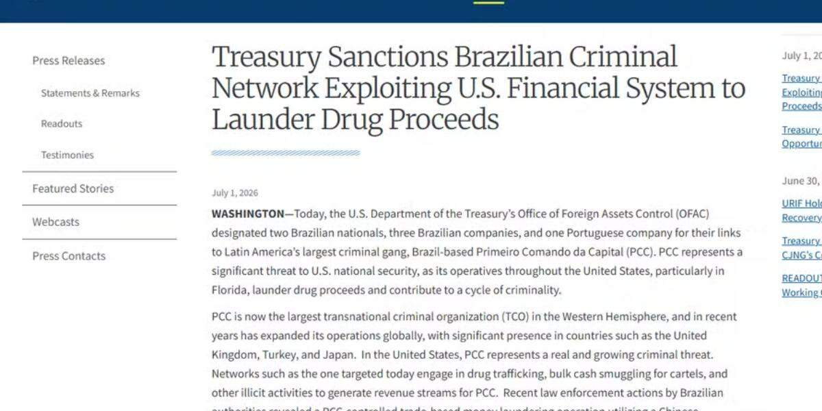 Duas pessoas e três empresas brasileiras foram sancionadas pelos EUA por suposta ligação com o PCC