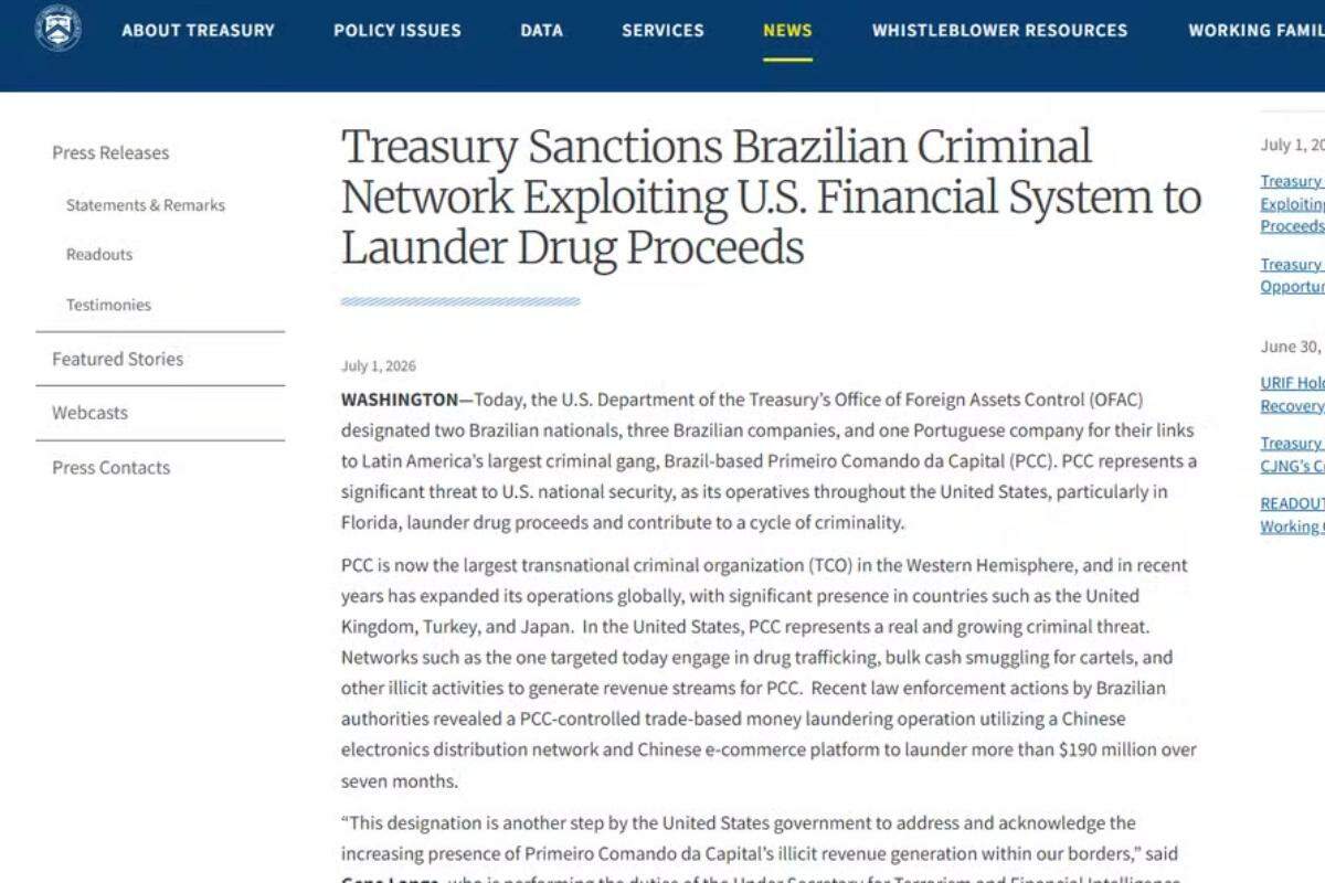 Duas pessoas e três empresas brasileiras foram sancionadas pelos EUA por suposta ligação com o PCC