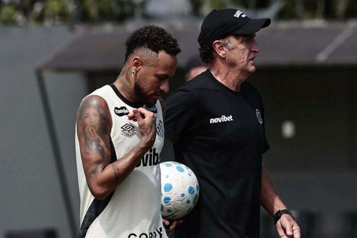 Neymar e Cuca durante treino do Santos