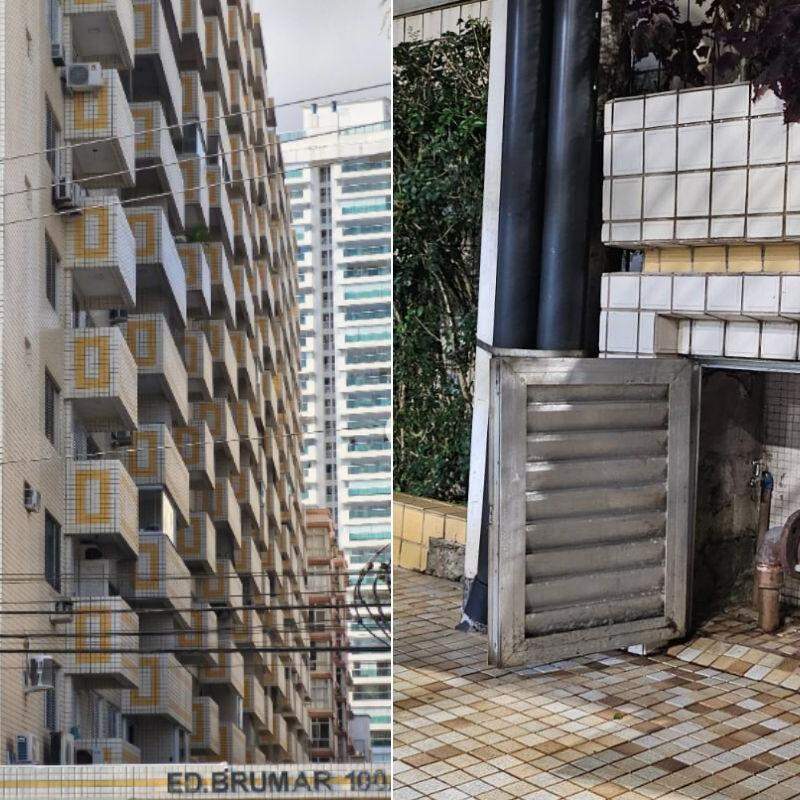 Fachada do Edifício Brumar onde moradores relatam contaminação da água após problemas na rede de esgoto em Santos; à direita, parte da estrutura hidráulica do prédio