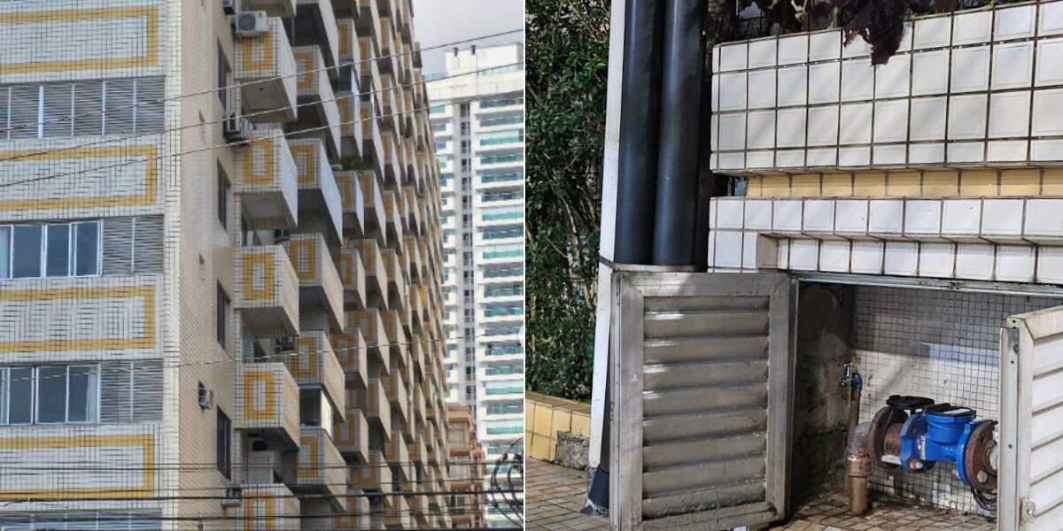 Fachada do Edifício Brumar onde moradores relatam contaminação da água após problemas na rede de esgoto em Santos; à direita, parte da estrutura hidráulica do prédio