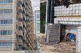 Fachada do Edifício Brumar onde moradores relatam contaminação da água após problemas na rede de esgoto em Santos; à direita, parte da estrutura hidráulica do prédio