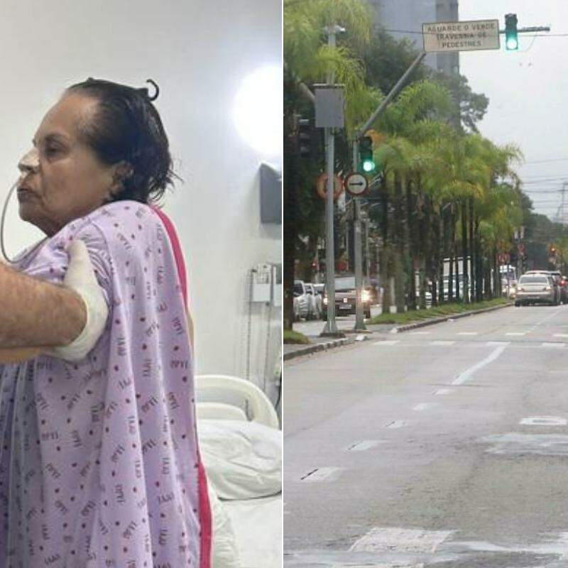 Maria José, de 71 anos (à esquerda), passou 44 dias internada e fez seis cirurgias após acidente na Avenida Conselheiro Nébias (à direita), em Santos