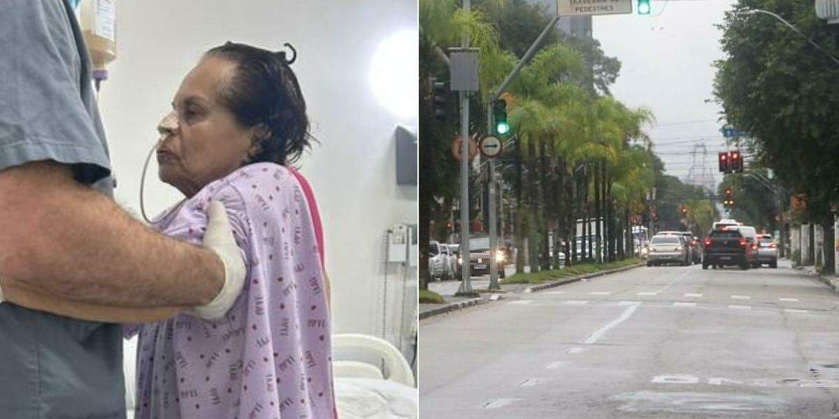Maria José, de 71 anos (à esquerda), passou 44 dias internada e fez seis cirurgias após acidente na Avenida Conselheiro Nébias (à direita), em Santos