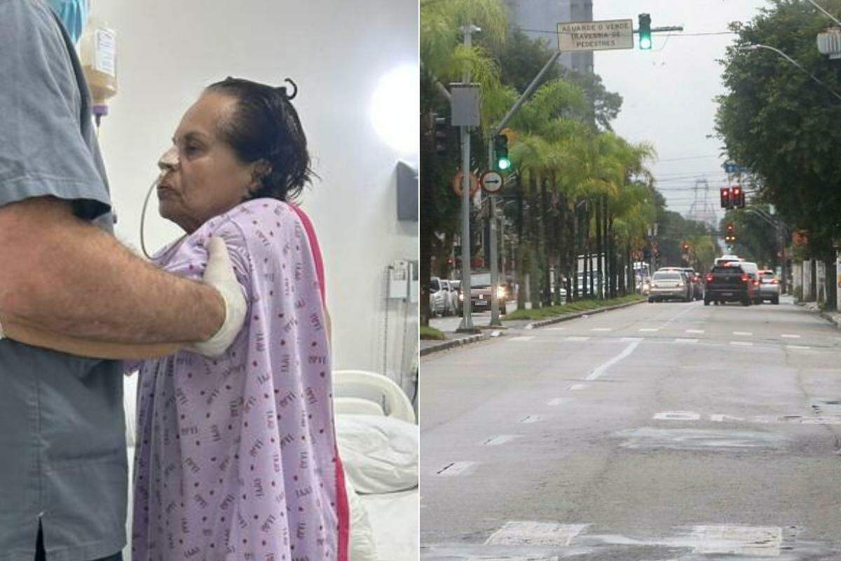 Maria José, de 71 anos (à esquerda), passou 44 dias internada e fez seis cirurgias após acidente na Avenida Conselheiro Nébias (à direita), em Santos