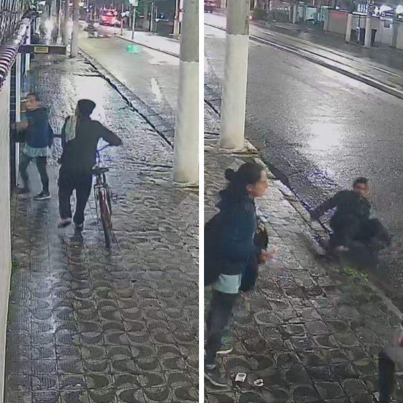 Imagens flagraram o momento em que o morador expulsou o casal que tentava furtar as bicicletas do condomínio
