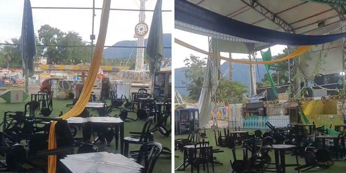 Forte ventania danificou cobertura do galpão e arrancou parte da decoração