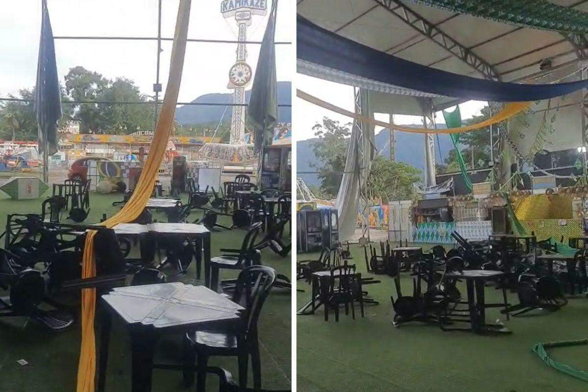 Forte ventania danificou cobertura do galpão e arrancou parte da decoração