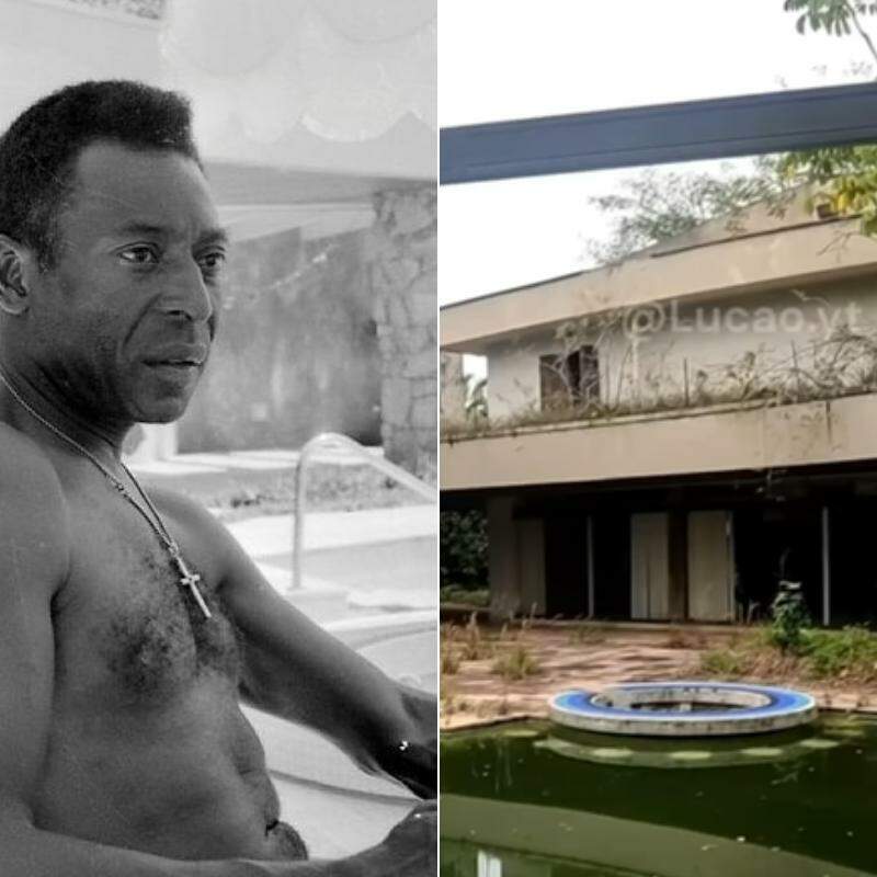 Pelé (à esq.) em 1980, quando esteve em sua mansão na Praia do Pernambuco, em Guarujá; hoje, ela se encontra em situação de abandono