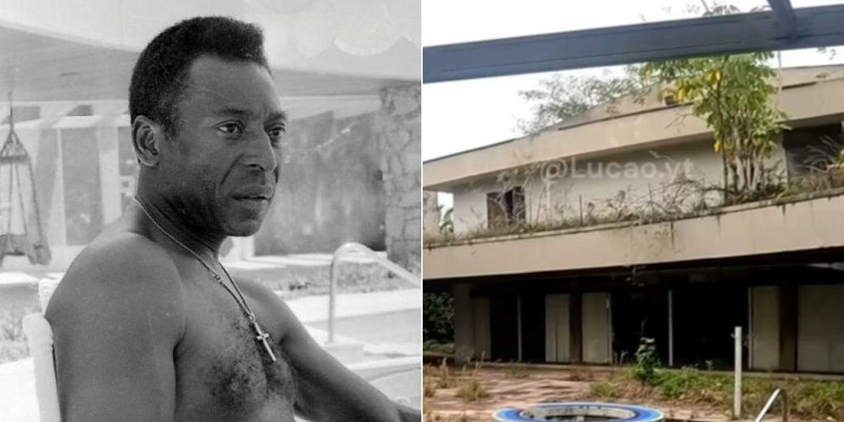 Pelé (à esq.) em 1980, quando esteve em sua mansão na Praia do Pernambuco, em Guarujá; hoje, ela se encontra em situação de abandono