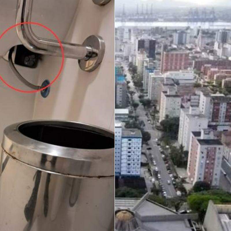 Celular foi achado escondido na pia de um banheiro em prédio comercial no bairro Aparecida, em Santos