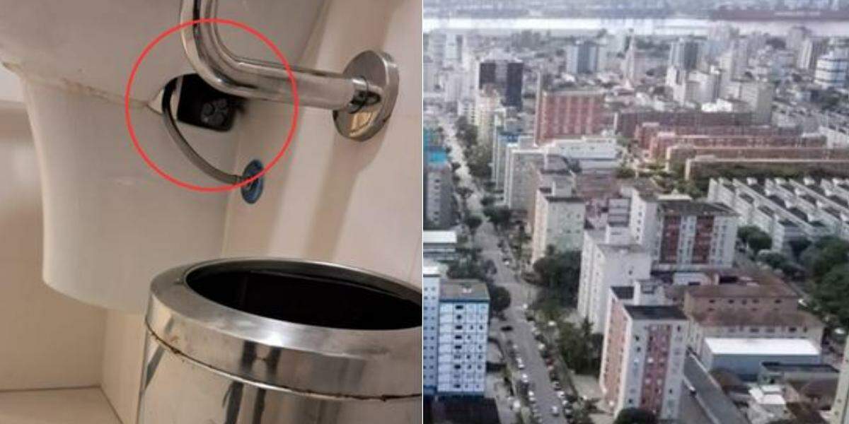 Celular foi achado escondido na pia de um banheiro em prédio comercial no bairro Aparecida, em Santos