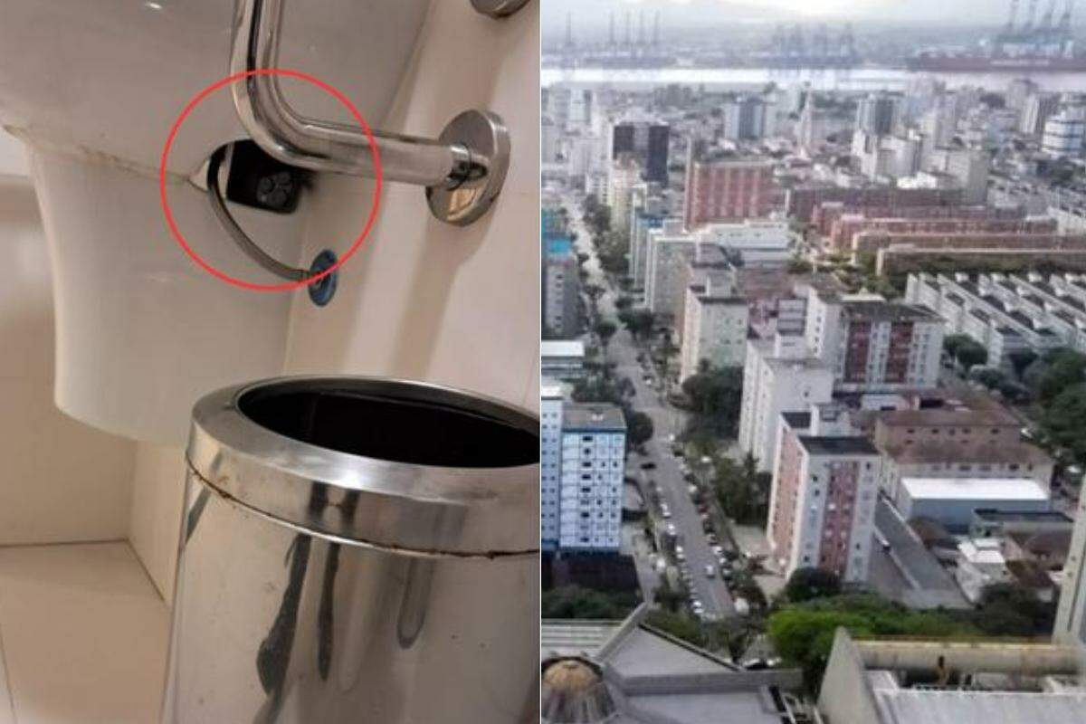 Celular foi achado escondido na pia de um banheiro em prédio comercial no bairro Aparecida, em Santos