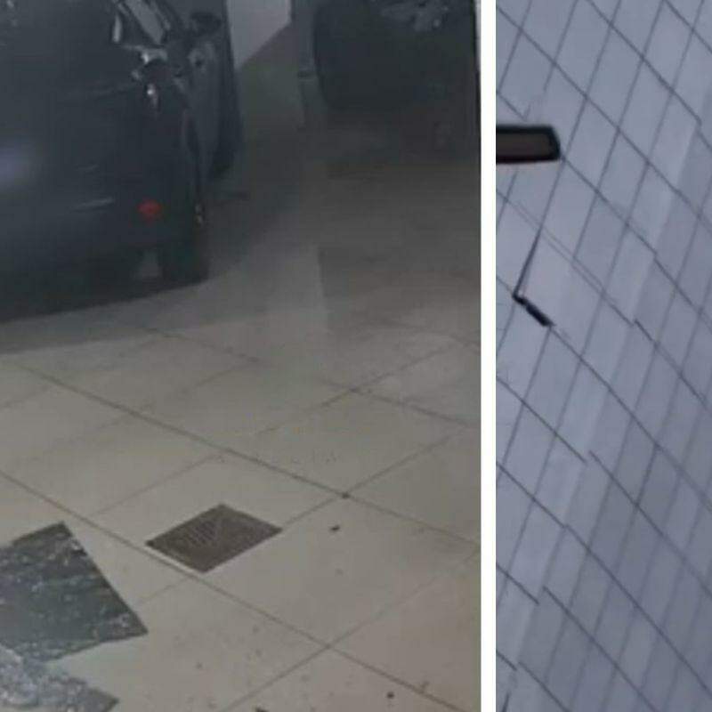 O prédio comercial do Gonzaga, em Santos, foi intimado após vidros da fachada caírem; garagem de residencial vizinho foi atingida