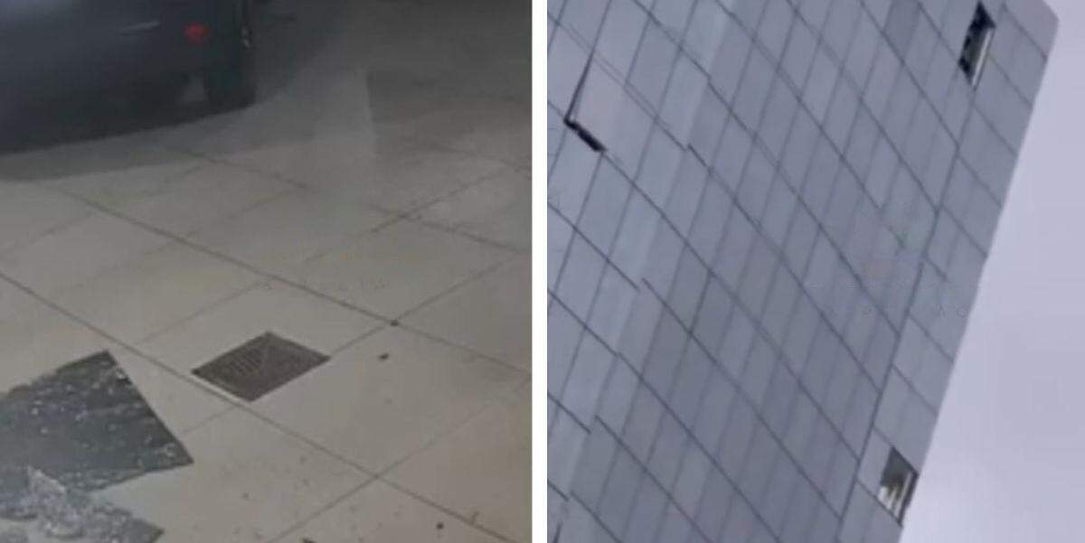 O prédio comercial do Gonzaga, em Santos, foi intimado após vidros da fachada caírem; garagem de residencial vizinho foi atingida