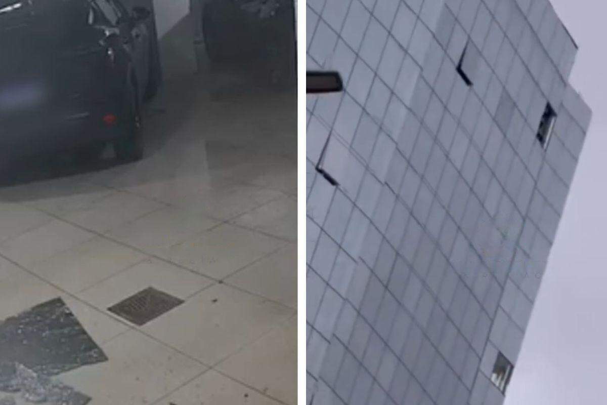 O prédio comercial do Gonzaga, em Santos, foi intimado após vidros da fachada caírem; garagem de residencial vizinho foi atingida