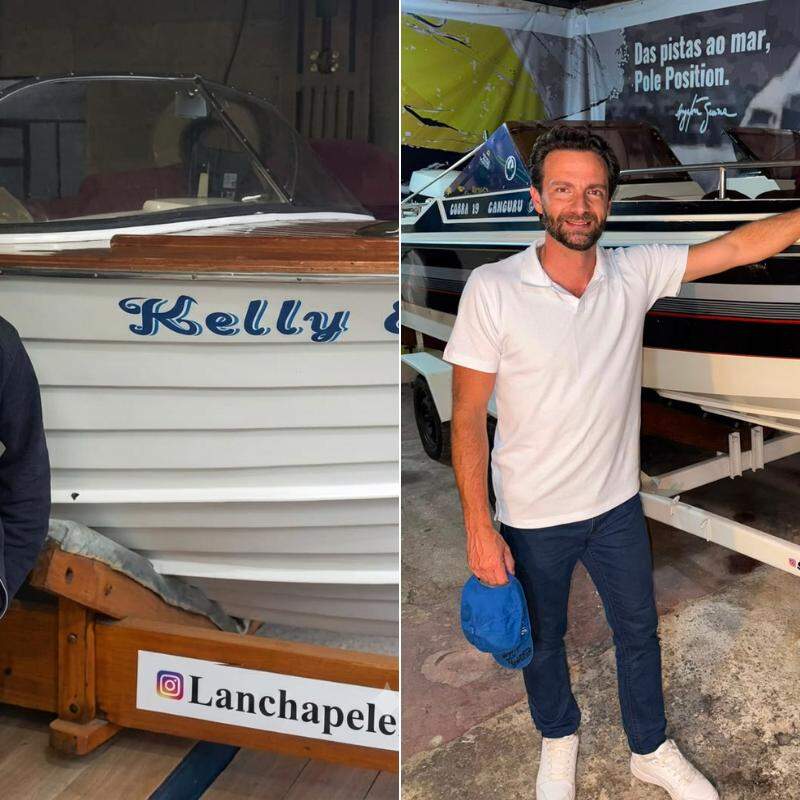 Danilo com as duas lanchas, de Pelé e Ayrton Senna