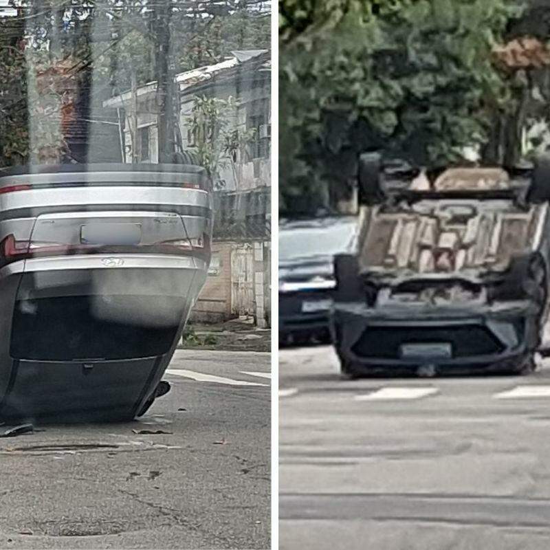 Carro ficou totalmente virado na Rua Silva Jardim