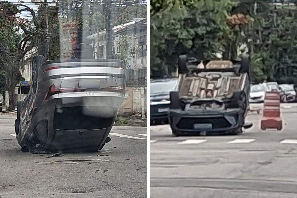 Carro ficou totalmente virado na Rua Silva Jardim