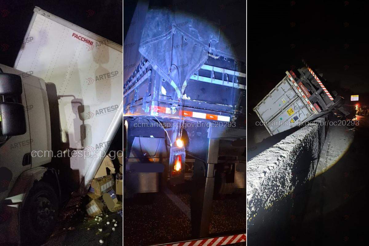 Engavetamento entre três caminhões ocorreu no km 53 da Rodovia Anchieta, em Cubatão, nesta terça (28)