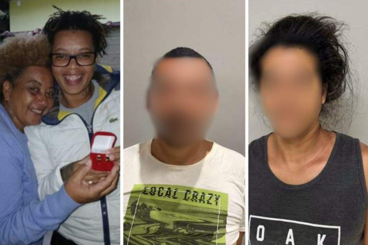À esquerda, Fabiana de Fátima Nogueira e Ieda Aparecida Simplicio, vítimas do duplo homicídio ocorrido na Baixada Santista. Ao centro e à direita, os dois investigados pelo crime, presos pela Polícia Civil da Bahia após ação conjunta com a Polícia Civil de São Paulo