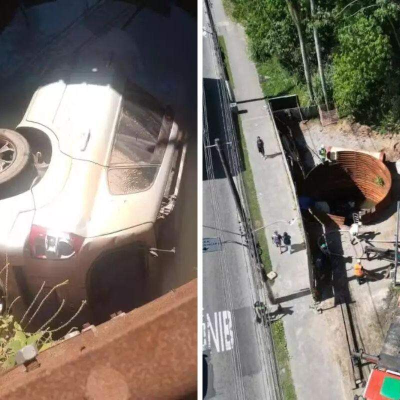 Carro ficou parcialmente submerso em obra da Sabesp do Bairro Alemoa