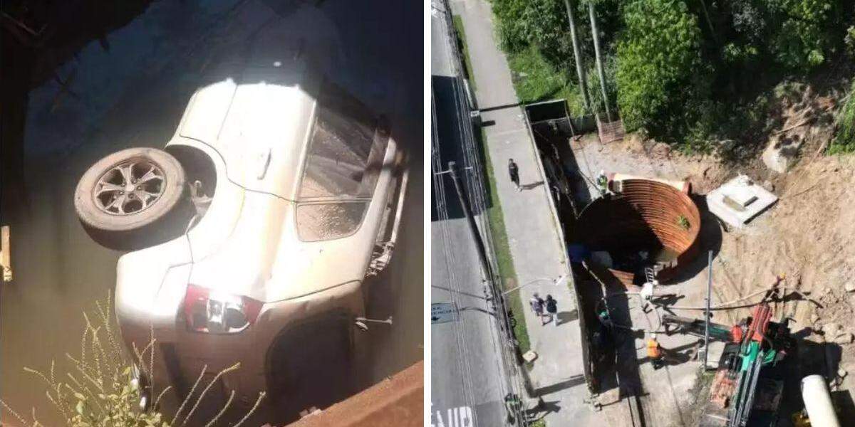 Carro ficou parcialmente submerso em obra da Sabesp do Bairro Alemoa
