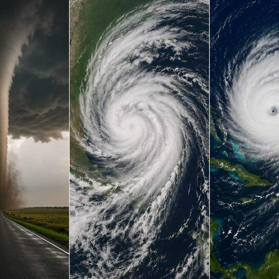 Da esquerda para a direita, tornado, ciclone extratropical, furacão (ciclone tropical) e ventos costeiros. Cada um possui características próprias de formação, dimensão, intensidade e duração