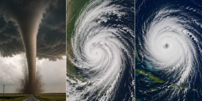Da esquerda para a direita, tornado, ciclone extratropical, furacão (ciclone tropical) e ventos costeiros. Cada um possui características próprias de formação, dimensão, intensidade e duração