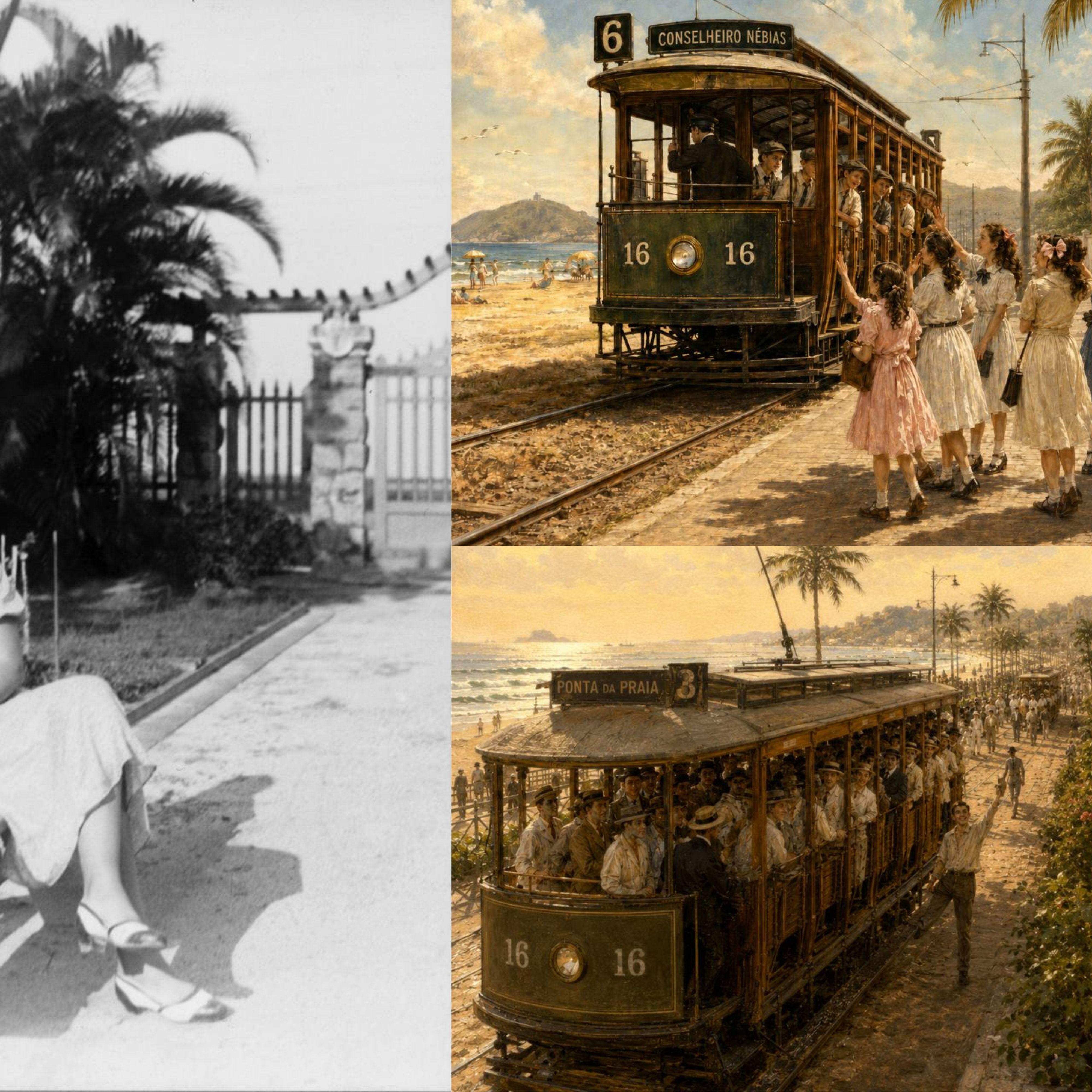 Edith Pires pôde acompanhar, do terraço e dos jardins do famoso Casarão Branco, uma cidade que crescia diante do mar nas primeiras décadas do século 20; Bonde era a condução diária das moças e dos rapazes para ir e voltar da escola; Do terraço superior da residência era possível observar a passagem do bonde