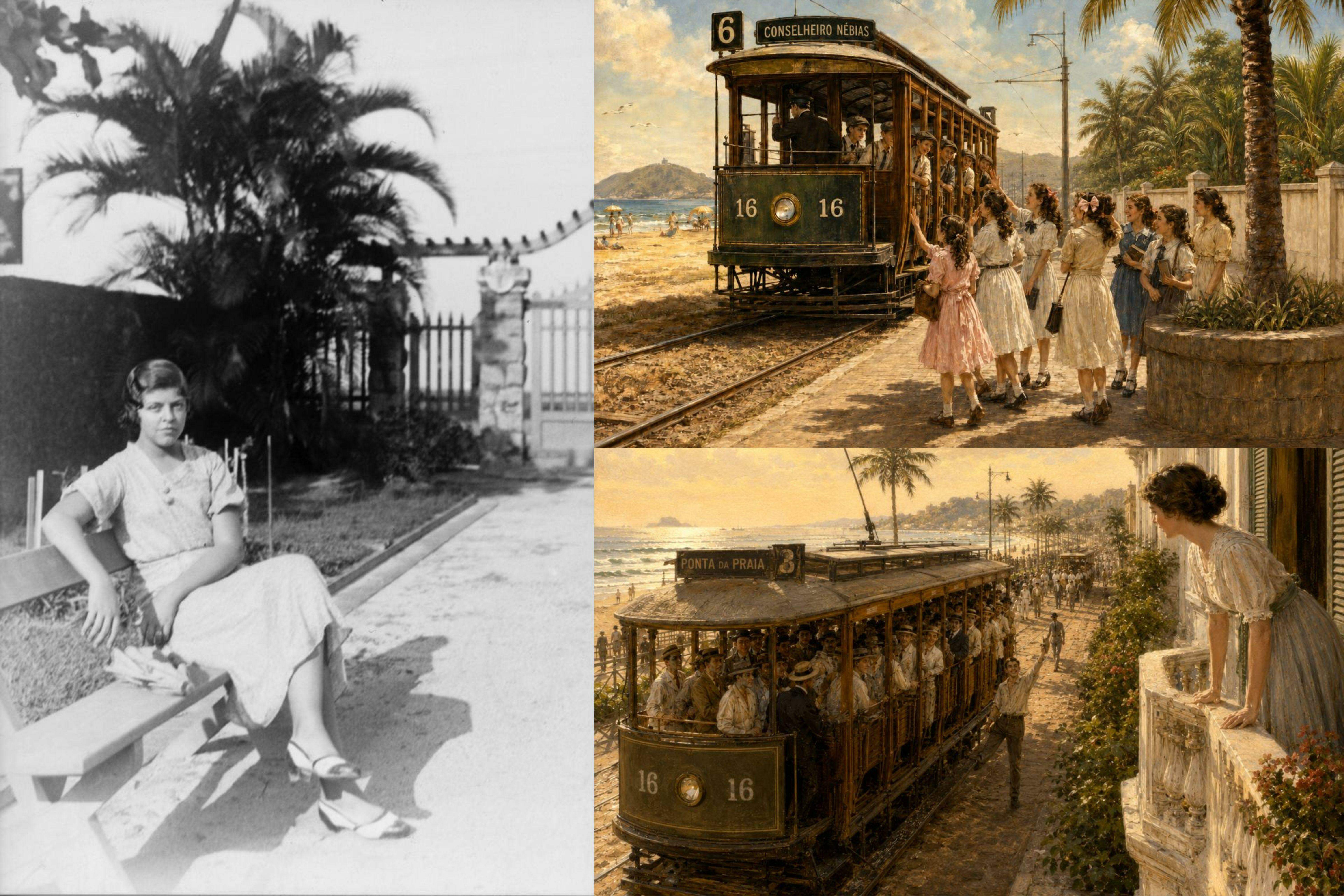Edith Pires pôde acompanhar, do terraço e dos jardins do famoso Casarão Branco, uma cidade que crescia diante do mar nas primeiras décadas do século 20; Bonde era a condução diária das moças e dos rapazes para ir e voltar da escola; Do terraço superior da residência era possível observar a passagem do bonde