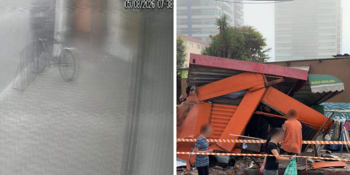 Imagens mostram o momento em que o carro invade a calçada e atinge em cheio a banca de jornais